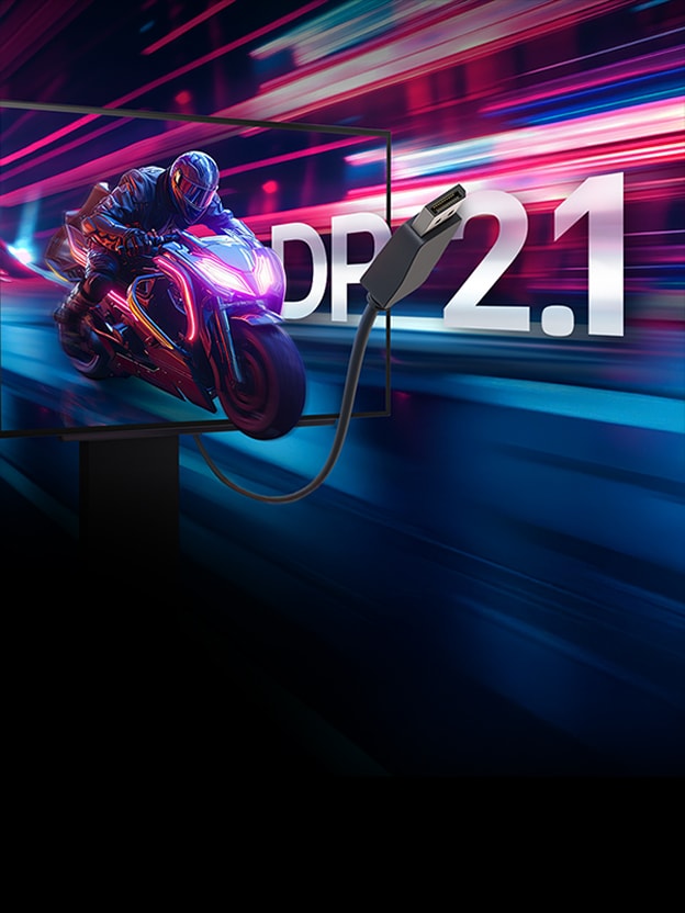 A futuristic motorcyclist emerging from a monitor screen with vibrant neon light trails and a DP 2.1 cable in the foreground.	