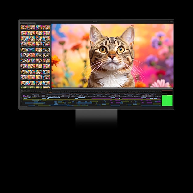 Auf einem Monitorbildschirm ist eine Katze vor einem farbenfrohen Blumenhintergrund zu sehen, während im unteren Bereich des Bildschirms eine Videobearbeitungs-Timeline, Vorschaubilder und Farbkorrektur-Panels angezeigt werden.