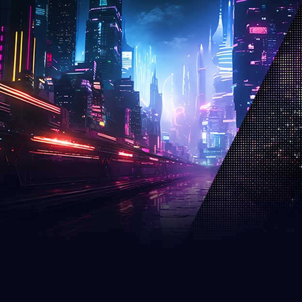 Ein Bild einer futuristischen Stadtlandschaft mit leuchtenden Neonlichtern, die eine lokale Dimmung auf der rechten Seite mit verpixelten dunklen Bereichen zeigt, um den Dimmeffekt zu veranschaulichen.