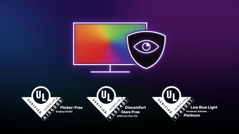 Logos: Augenkomfort mit der LG OLED UL Zertifizierung – UL VERIFIED Flicker-Free Display (OLED), UL VERIFIED Discomfort Glare Free, UL VERIFIED Low Blue Light Hardware Solution Platinum.