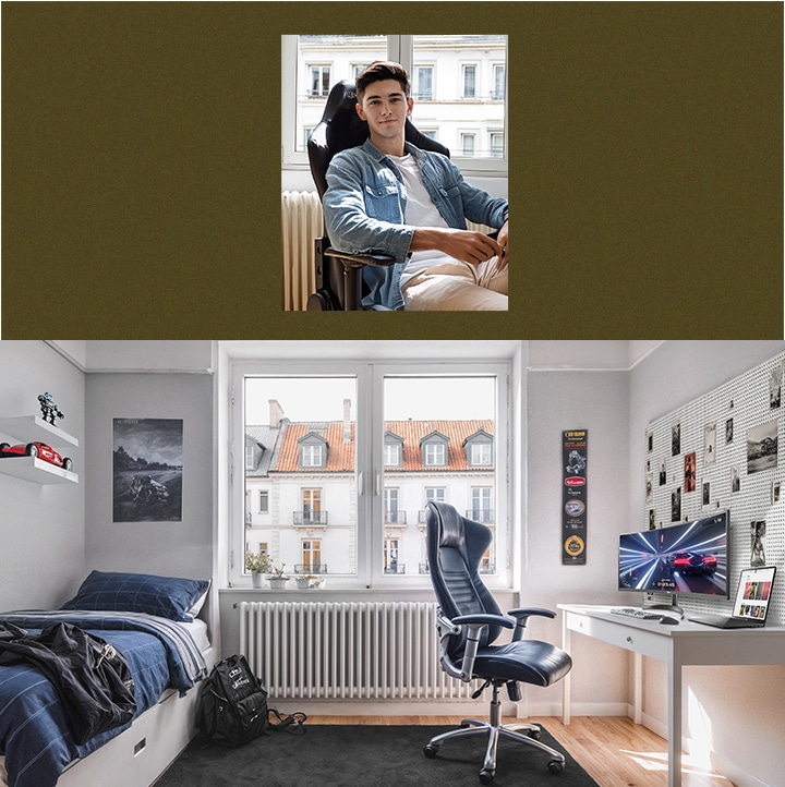 Studentenzimmer-Einrichtung mit Schreibtisch und Bett; lächelnde Person an der Seite.
