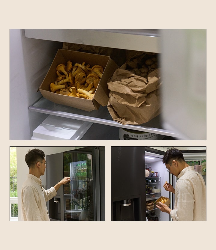 Ein Mann holt einen Pilz aus dem Kühlschrank, während er die Auswahl sorgfältig prüft.