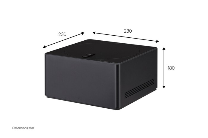 Leicht nach links geneigte Ansicht der Zero Connect Box mit Abmessungen.