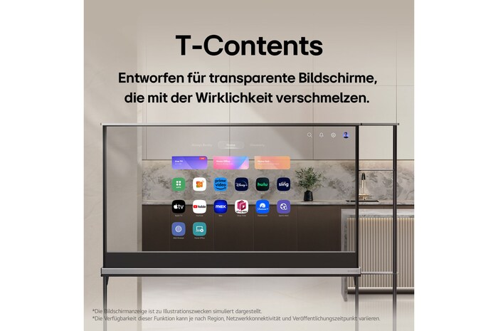 LG SIGNATURE OLED T mit dem LG webOS-Startbildschirm. Da sich der Fernseher im transparenten Modus befindet, sieht die Benutzeroberfläche aus, als würde sie schweben und mit der Realität verschmelzen. Der Titel lautet T-Contents, gestaltet für transparente Bildschirme, die mit der Realität verschmelzen.