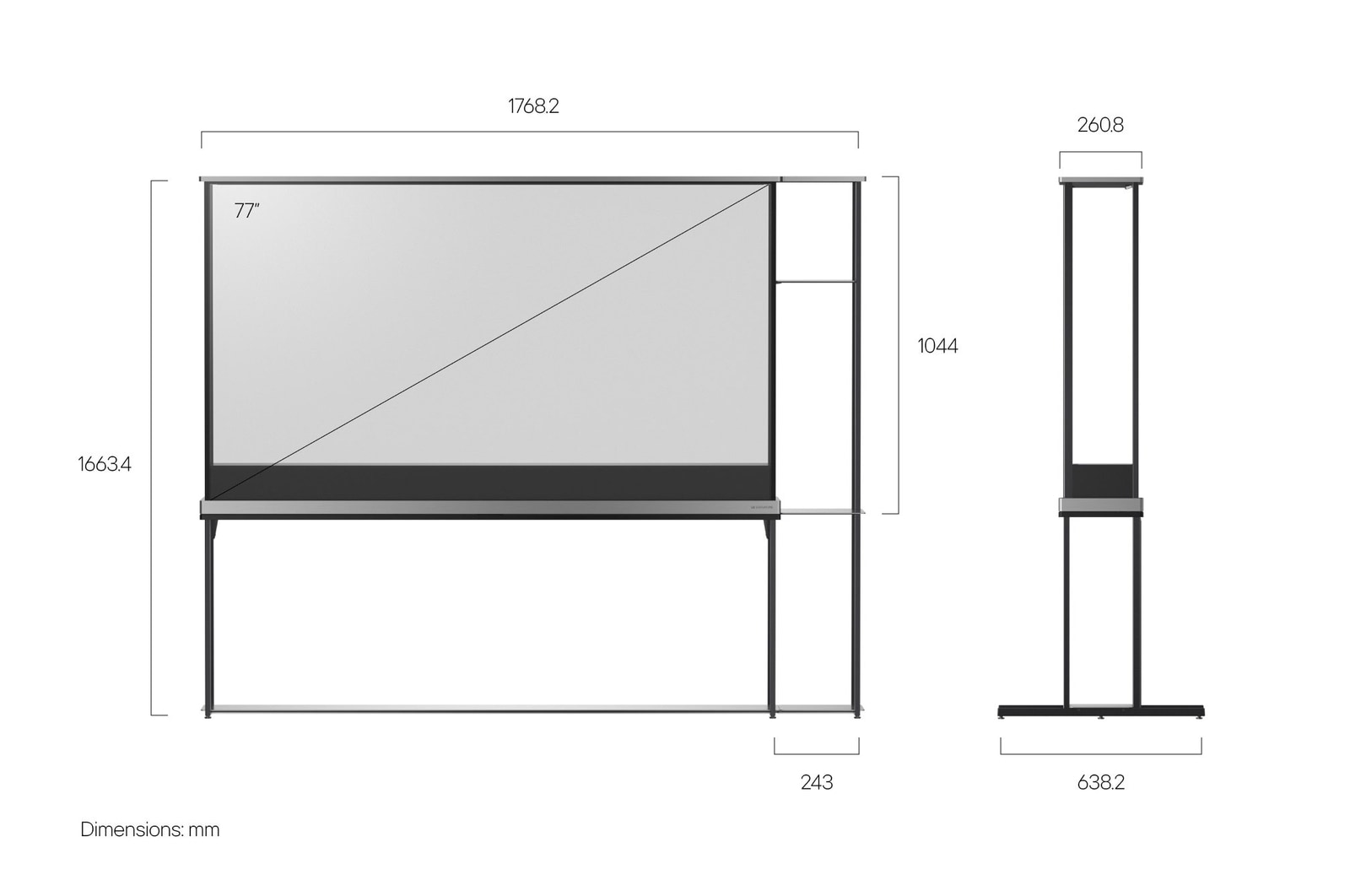 Vorderansicht des LG SIGNATURE OLED T mit einem angebrachten modularen Regal und eine Seitenansicht des LG SIGNATURE OLED T mit Abmessungen.