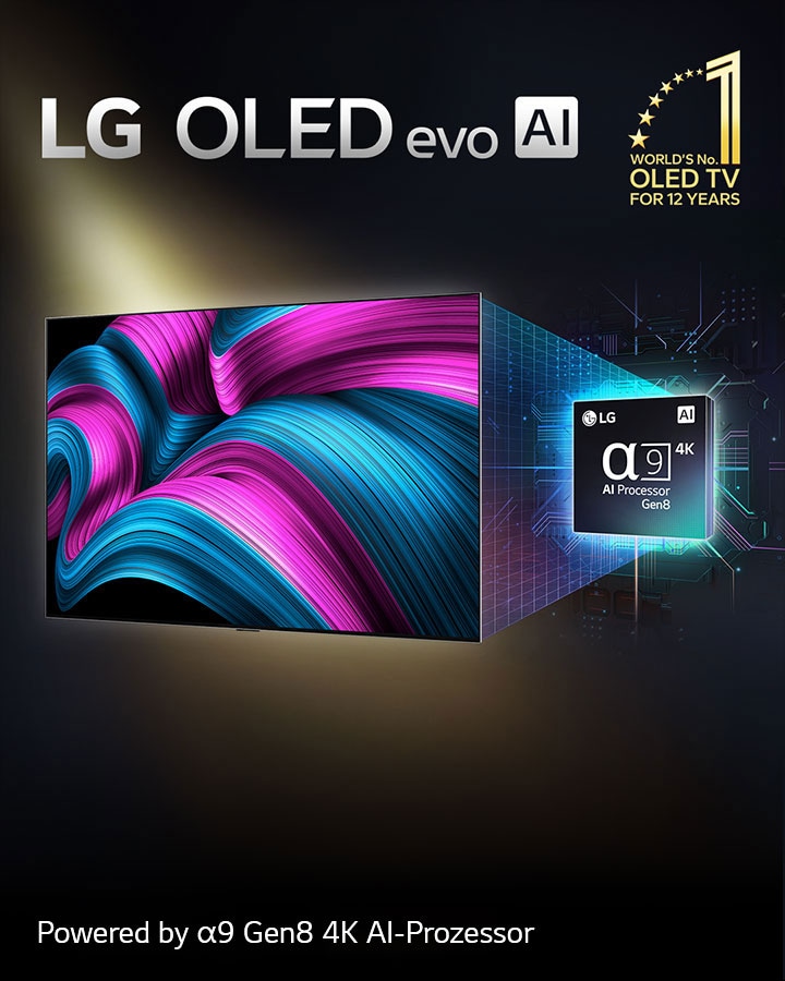 Auf dem Bildschirm eines LG OLED evo AI TVs ist ein abstraktes Bild mit beeindruckenden Details, Farben und Kontrasten zu sehen. Hinter dem Fernseher befindet sich eine vergrößerte Version des alpha 9 Gen8 4K AI-Prozessors. Er leuchtet und die Mikrochip-Schaltkreise um ihn herum sind beleuchtet. Der Titel lautet LG OLED evo AI. Außerdem ist der Text „Powered by LG alpha 9 Gen8 4K AI-Prozessor“ zu sehen. In der Ecke befindet sich ein goldenes Logo mit Sternen, auf dem steht: „World's number one OLED TV for 12 years“.