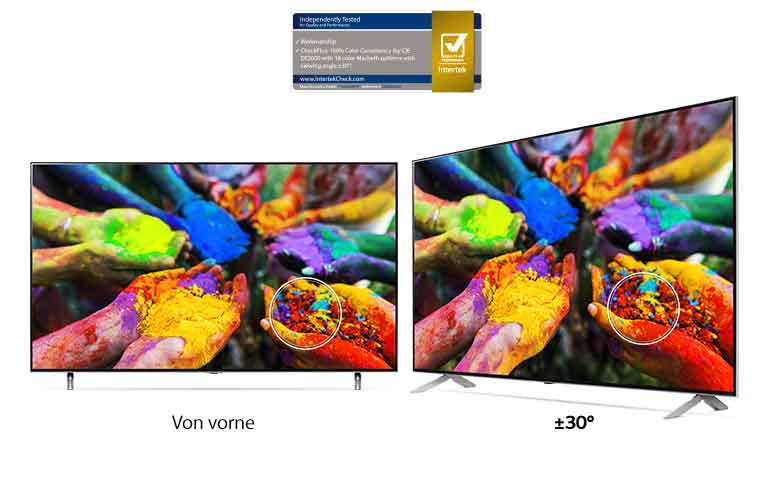 Zwei LG NanoCell TVs nebeneinander zeigen ein Bild von Händen, die mehrfarbige Farbpartikel halten, einmal von vorn und einmal aus einem abgewinkelten Betrachtungswinkel. Die Wiedergabe bleibt aus beiden Blickwinkeln gleich lebendig und präzise.