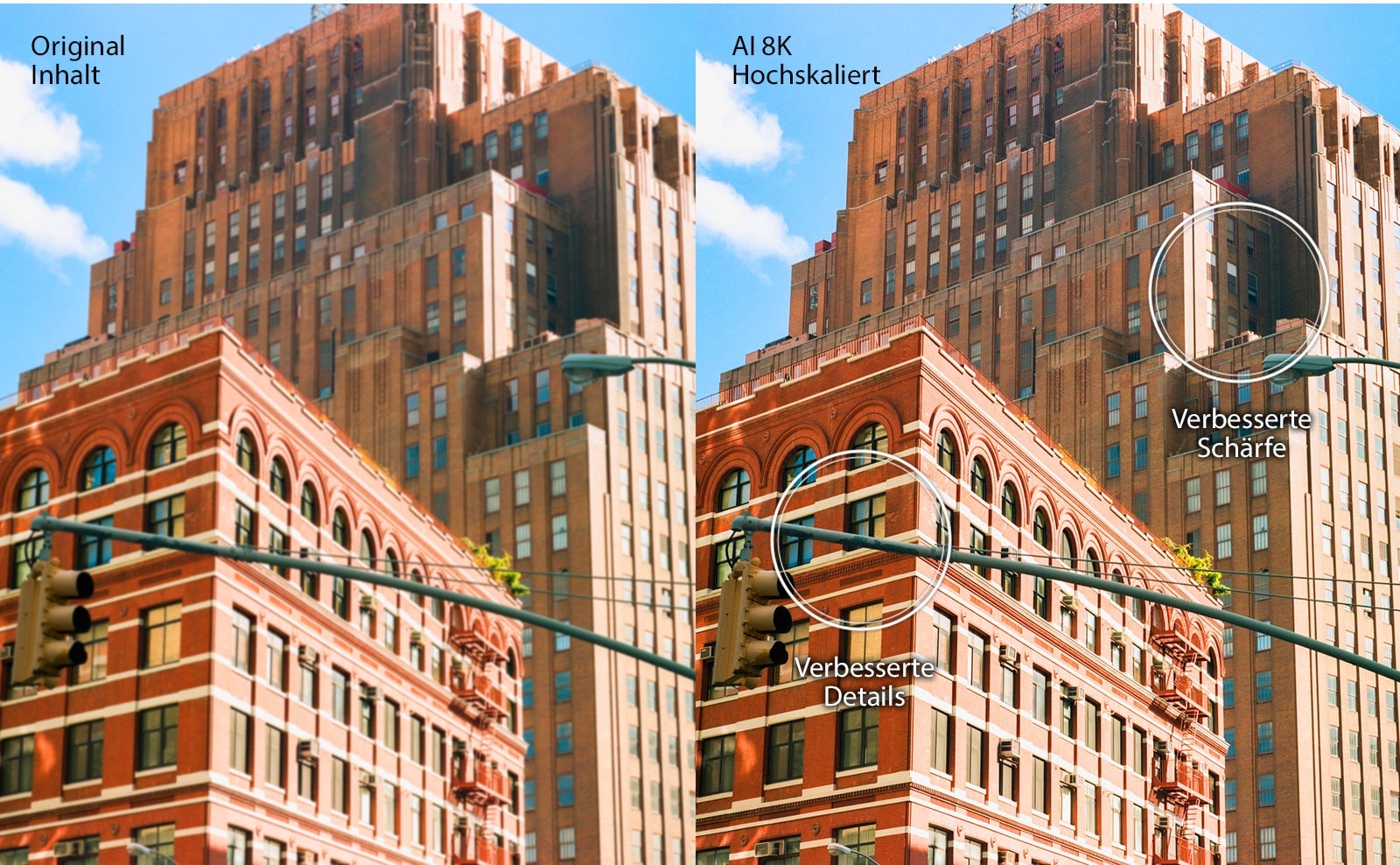 Nebeneinander befindliche Bilder von roten Backsteingebäuden in einer Stadt. Das Bild auf der rechten Seite ist schärfer und klarer, was zeigt, wie das Bild mittels AI-8K-Upscaling verbessert werden kann.