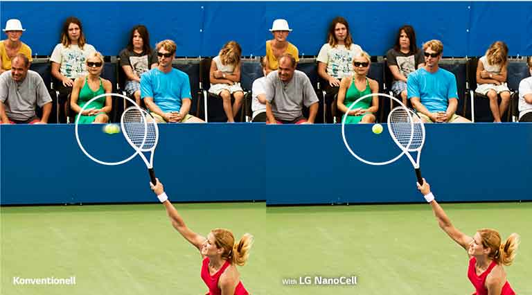 Eine Frau spielt Tennis. Die Szene wird wiederholt, links wird sie auf einem herkömmlichen Fernseher mit unscharfen Bewegungen angezeigt, rechts ist sie auf dem LG NanoCell TV mit scharfen, klaren Bildern zu sehen.