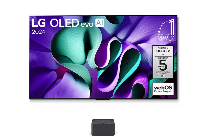 Vorderansicht mit LG OLED M4 auf dem Standfuß und Zero Connect Box darunter, 11 Jahre weltweit Nummer 1 OLED-Emblem, Logo des webOS Re:New-Programms und das Logo der 5-Jahres-Garantie auf dem Bildschirm