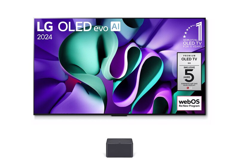 Vorderansicht mit LG OLED M4 auf dem Standfuß und Zero Connect Box darunter, 11 Jahre weltweit Nummer 1 OLED-Emblem, Logo des webOS Re:New-Programms und das Logo der 5-Jahres-Garantie auf dem Bildschirm