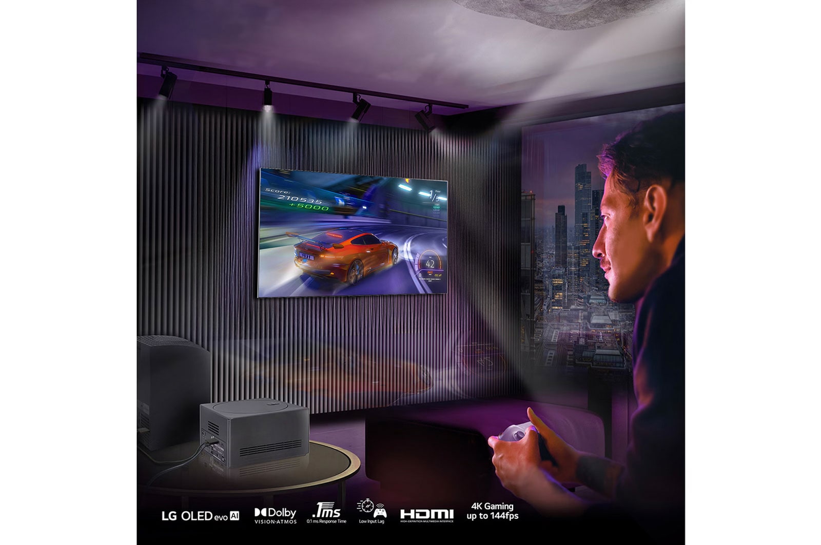 Leicht angewinkelte Nahaufnahme der Zero Connect Box mit dem LG OLED-Logo an der Kante
