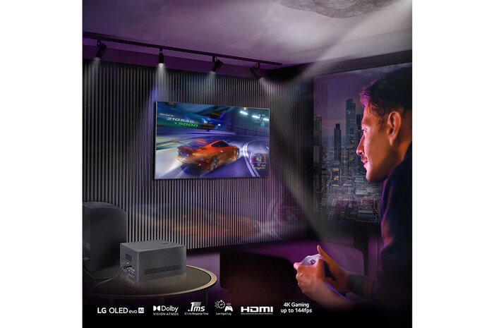 Leicht angewinkelte Nahaufnahme der Zero Connect Box mit dem LG OLED-Logo an der Kante