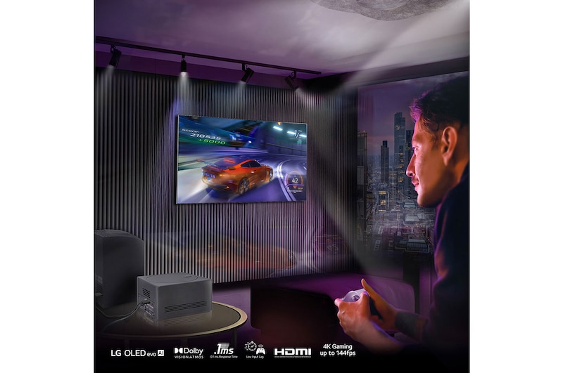 Leicht angewinkelte Nahaufnahme der Zero Connect Box mit dem LG OLED-Logo an der Kante