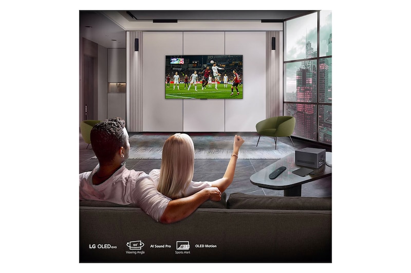 Leicht angewinkelte Nahaufnahme der Zero Connect Box mit dem LG OLED-Logo an der Kante