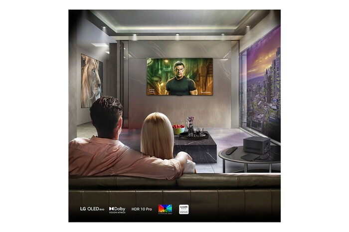 Leicht angewinkelte Nahaufnahme der Zero Connect Box mit dem LG OLED-Logo an der Kante