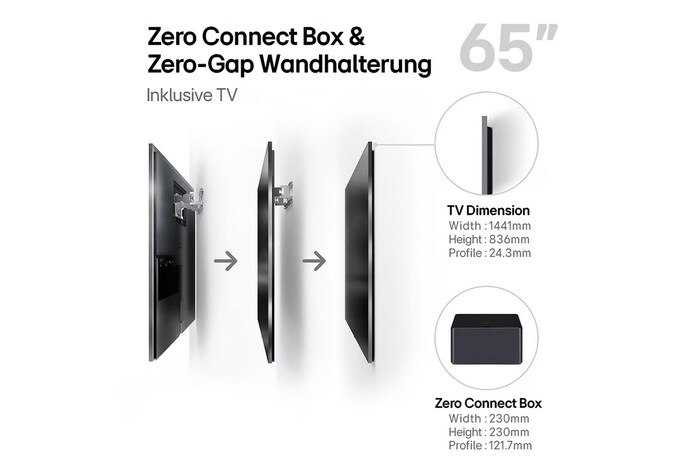 Leicht abgewinkelte Seitenansicht des LG OLED M4 auf dem Standfuß mit der Zero Connect Box darunter