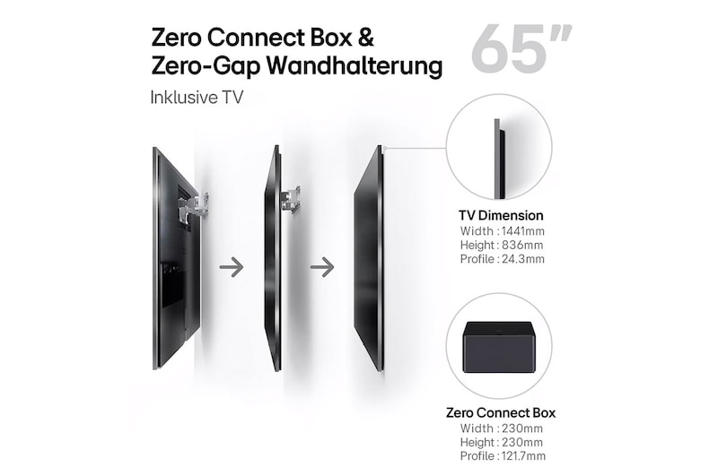 Leicht abgewinkelte Seitenansicht des LG OLED M4 auf dem Standfuß mit der Zero Connect Box darunter