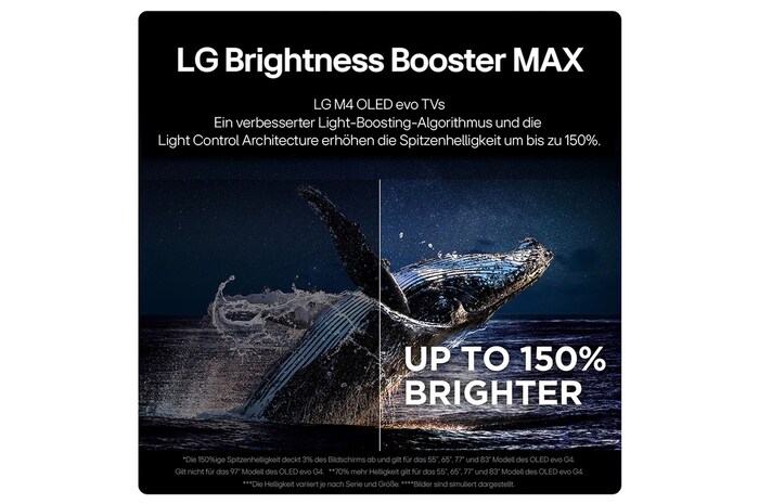 Linke Seitenansicht der ultra-schlanken Seitenkante des LG OLED M4 auf dem Standfuß