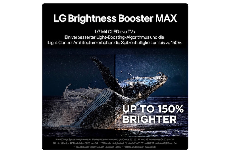 Linke Seitenansicht der ultra-schlanken Seitenkante des LG OLED M4 auf dem Standfuß