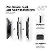 Leicht abgewinkelte Seitenansicht des LG OLED M4 auf dem Standfuß mit der Zero Connect Box darunter