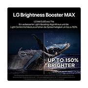 Linke Seitenansicht der ultra-schlanken Seitenkante des LG OLED M4 auf dem Standfuß