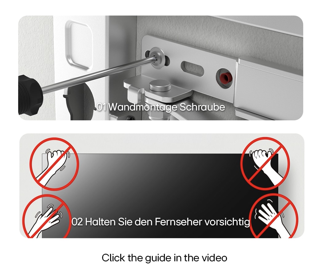 Installationsanleitung mit zwei Schritten: (1) Befestigung der Wandhalterung mit einem Schraubendreher, (2) Warnhinweis, den Fernseher beim Anheben nicht am Rahmen zu halten – korrekte Griffpositionen sind dargestellt