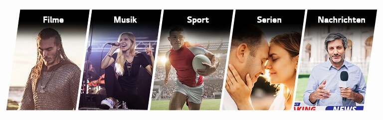 Fünf Bilder von links nach rechts von einem Mann in einer Rüstung mit Kettenhemd, einer Frau, die in ein Mikrofon singt, einem Rugbyspieler, einem Paar mit aneinandergeschmiegten Köpfen und einem Nachrichten-Reporter.
