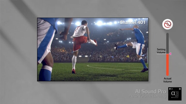 Ein Fernsehbildschirm, der ein Fußballspiel, Menschen, die ein Konzert genießen, und ein Autorennen zeigt, zusammen mit der Lautstärkeregelung basierend auf dem Inhaltstyp.