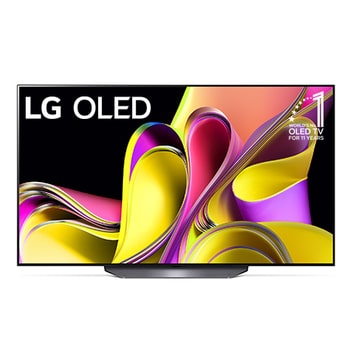 Vorderansicht mit dem LG OLED evo „10 Years World No.1“-OLED-Logo und Logo für 5 Jahre Garantie auf das Display auf dem Bildschirm