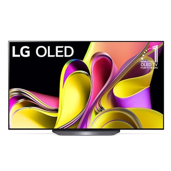 Vorderansicht mit dem LG OLED evo „10 Years World No.1“-OLED-Logo und Logo für 5 Jahre Garantie auf das Display auf dem Bildschirm