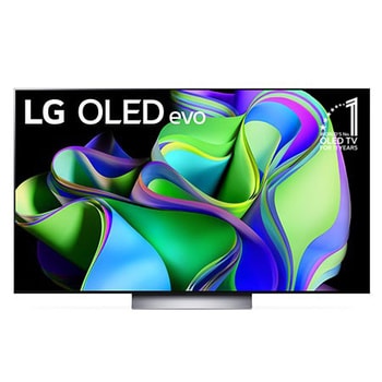 Vorderansicht mit dem LG OLED evo „10 Years World No.1“-OLED-Logo und Logo für 5 Jahre Garantie auf das Display auf dem Bildschirm