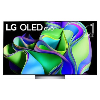 Vorderansicht mit dem LG OLED evo „10 Years World No.1“-OLED-Logo und Logo für 5 Jahre Garantie auf das Display auf dem Bildschirm