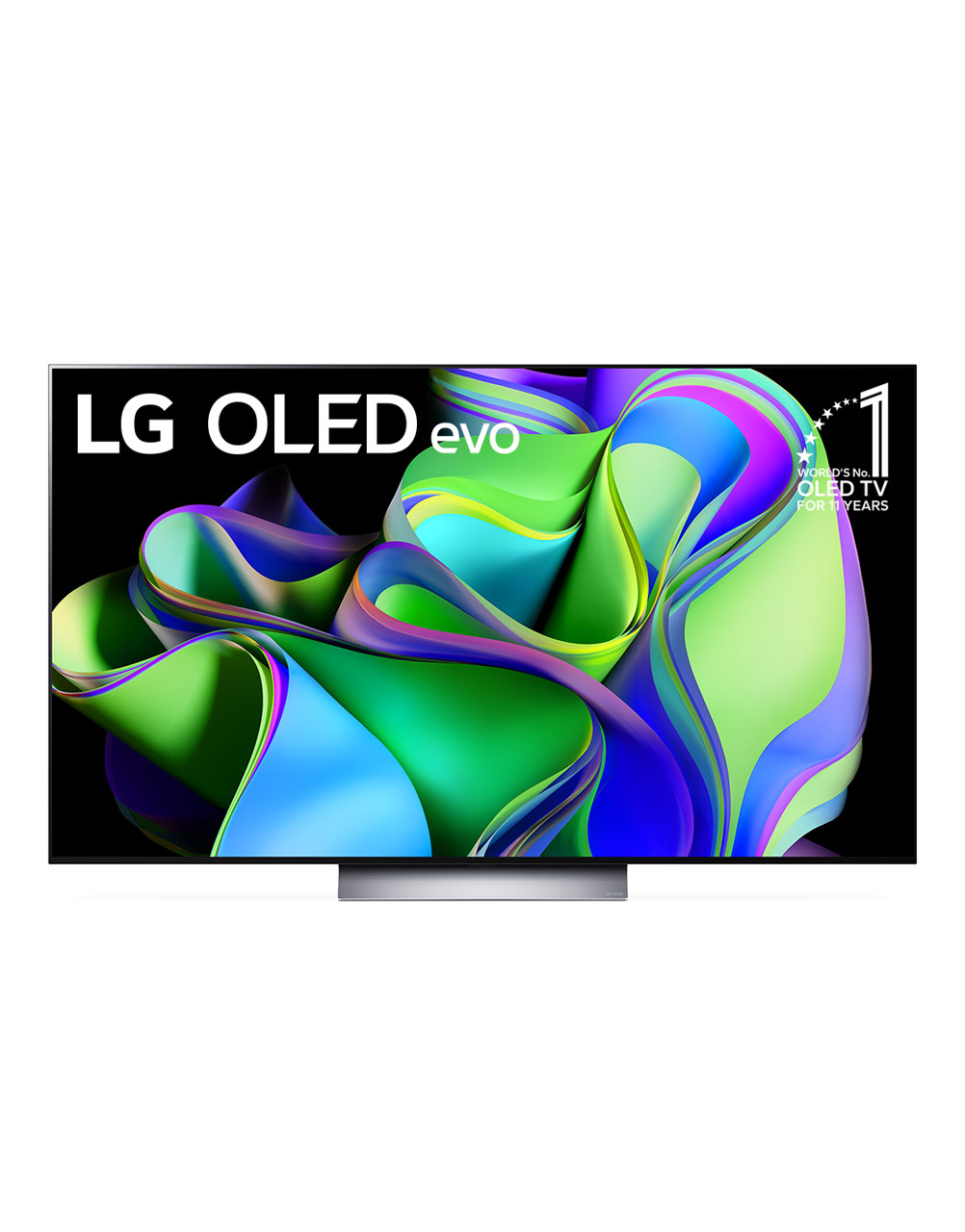 Vorderansicht mit dem LG OLED evo „10 Years World No.1“-OLED-Logo und Logo für 5 Jahre Garantie auf das Display auf dem Bildschirm