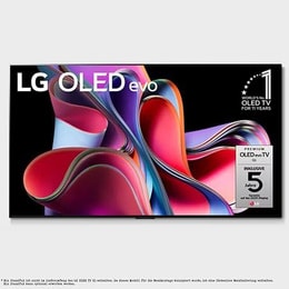 Vorderansicht mit dem LG OLED evo, „10 Years World No.1“-OLED-Logo und Logo für 5 Jahre Garantie auf das Display auf dem Bildschirm