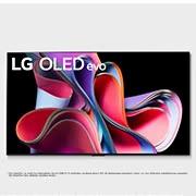 Vorderansicht mit dem LG OLED evo, „10 Years World No.1“-OLED-Logo und Logo für 5 Jahre Garantie auf das Display auf dem Bildschirm