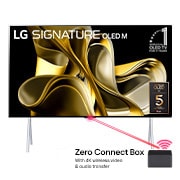 Frontansicht mit LG OLED M3 auf dem Ständer und Zero Connect Box darunter, 10 Jahre World No.1 OLED Emblem, LG Signiture OLED M und 5-Jahres-Panel-Garantie-Logo auf dem Bildschirm