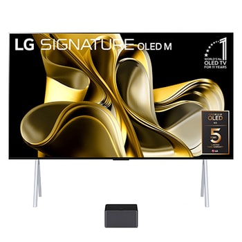 Frontansicht mit LG OLED M3 auf dem Ständer und Zero Connect Box darunter, 10 Jahre World No.1 OLED Emblem, LG Signiture OLED M und 5-Jahres-Panel-Garantie-Logo auf dem Bildschirm