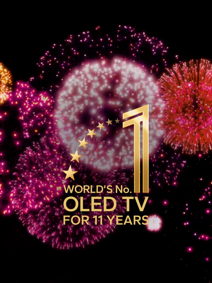 Ein Video zeigt das „11 Years World's No.1 OLED TV“-Emblem, das langsam vor einem schwarzen Hintergrund mit lila, rosa und orangefarbenem Feuerwerk eingeblendet wird. 