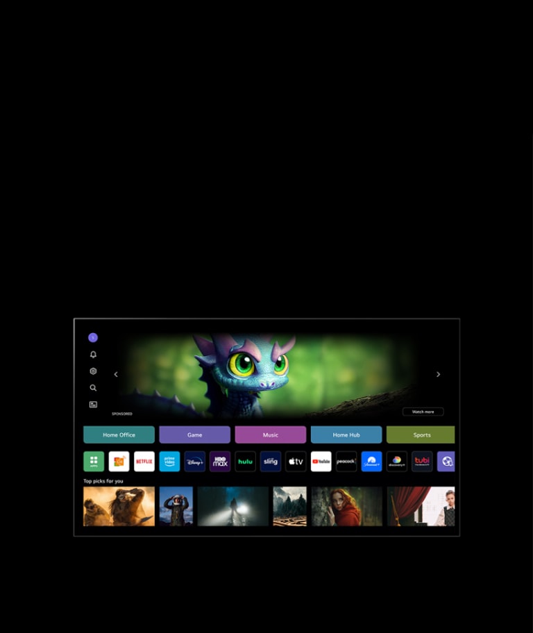 Ein Video zeigt den Startbildschirm von WebOS. Ein Cursor klickt auf die Initiale in der oberen rechten Ecke und wechselt zu einem anderen Profil.