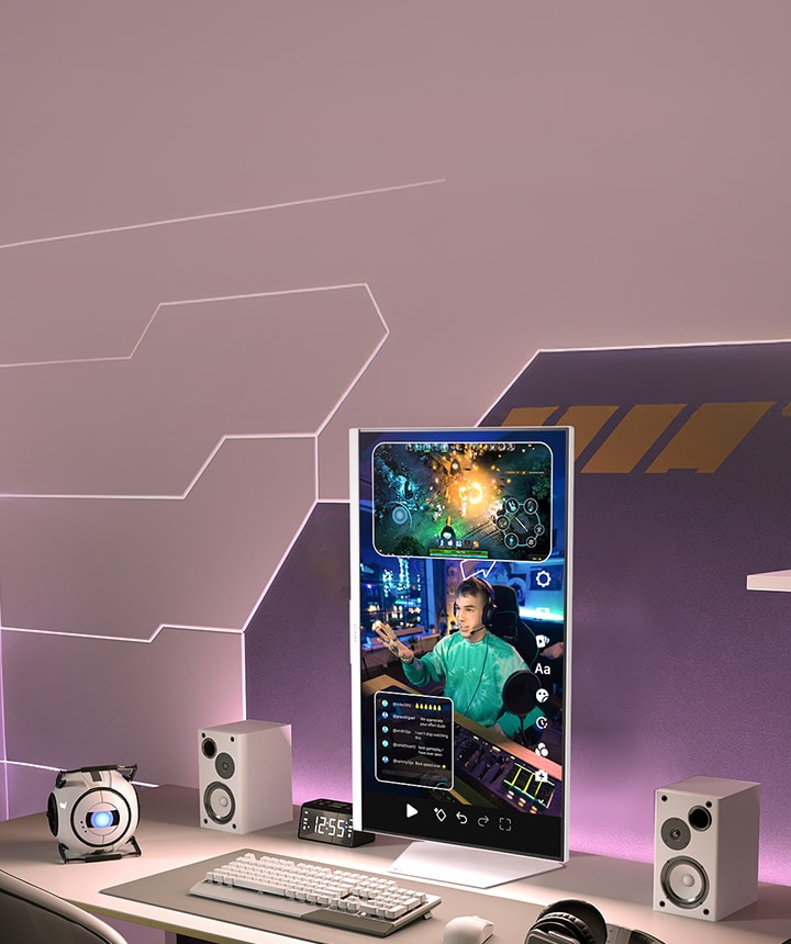 Vertikal ausgerichteter 32-Zoll 4K 144Hz LG UltraGear 32G810SA Monitor in einem modernen Streaming-Setup, zeigt eine Live-Gaming-Session mit Chat- und Steuerpanels auf dem Bildschirm.