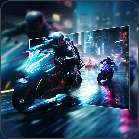 LG UltraGear Monitor mit futuristischer Motorradrenn-Szene, betont die flüssige 144Hz Bildwiederholrate.