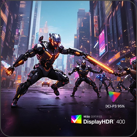 Futuristische Kampfszene auf einem Monitor mit VESA DisplayHDR 400 für lebendigen Kontrast und Helligkeit.