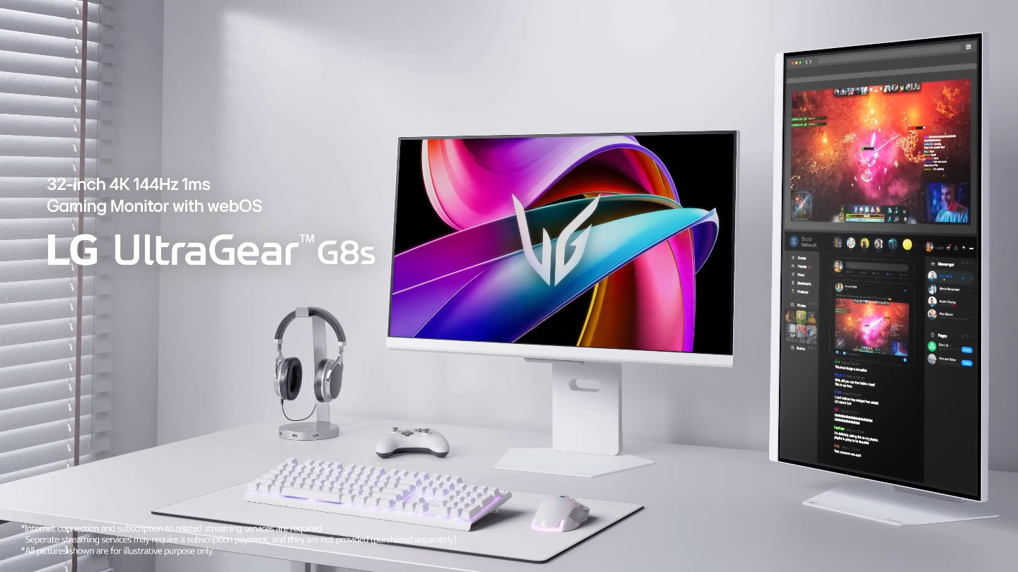 Feature-Video für LG UltraGear G8s, das das 4K-IPS-Display, die 144Hz-Bildwiederholrate, G-SYNC-Kompatibilität, integriertes webOS, Streaming-Funktionen, LG KI-Integration und nahtlose Konnektivität hervorhebt.