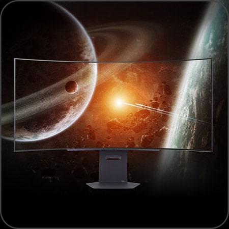 LG UltraGear OLED-Monitor zeigt eine realistische Weltraumszene mit starkem Kontrast und tiefem Schwarz und betont die visuelle Klarheit.