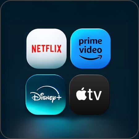 Streaming-Dienste wie Netflix, Prime Video, Disney+ und Apple TV, hervorgehoben durch webOS 24 mit LG KI-Integration.