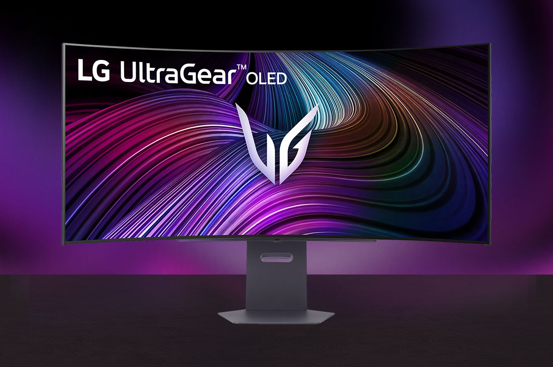LG UltraGear 45GX90SA gebogener Gaming-Monitor mit elegantem schwarzen Design und breitem Bildschirm.