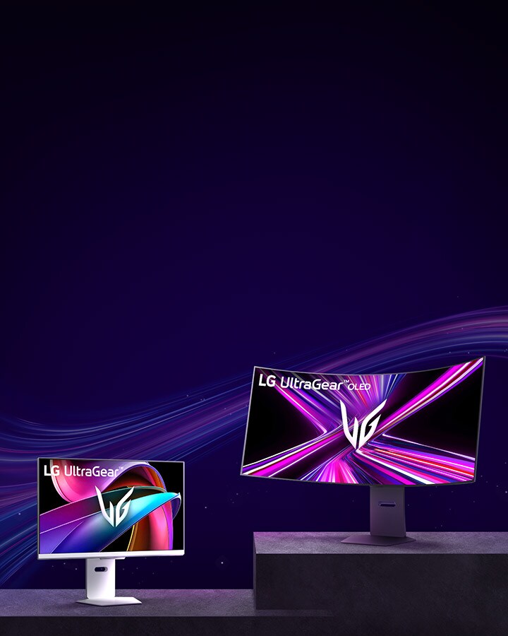 LG UltraGear Werbung für den weltweit ersten 5K2K OLED-Gaming-Monitor, 10 % Rabatt vom 28. April bis 14. Mai. Modelle 32G810SA und 45GX950 abgebildet.