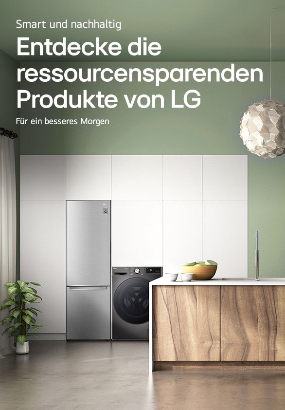 'Das Bild zeigt die ThinQ-App, mit der du den Kühlschrank steuern kannst, auf einem Telefon in einer Hand.