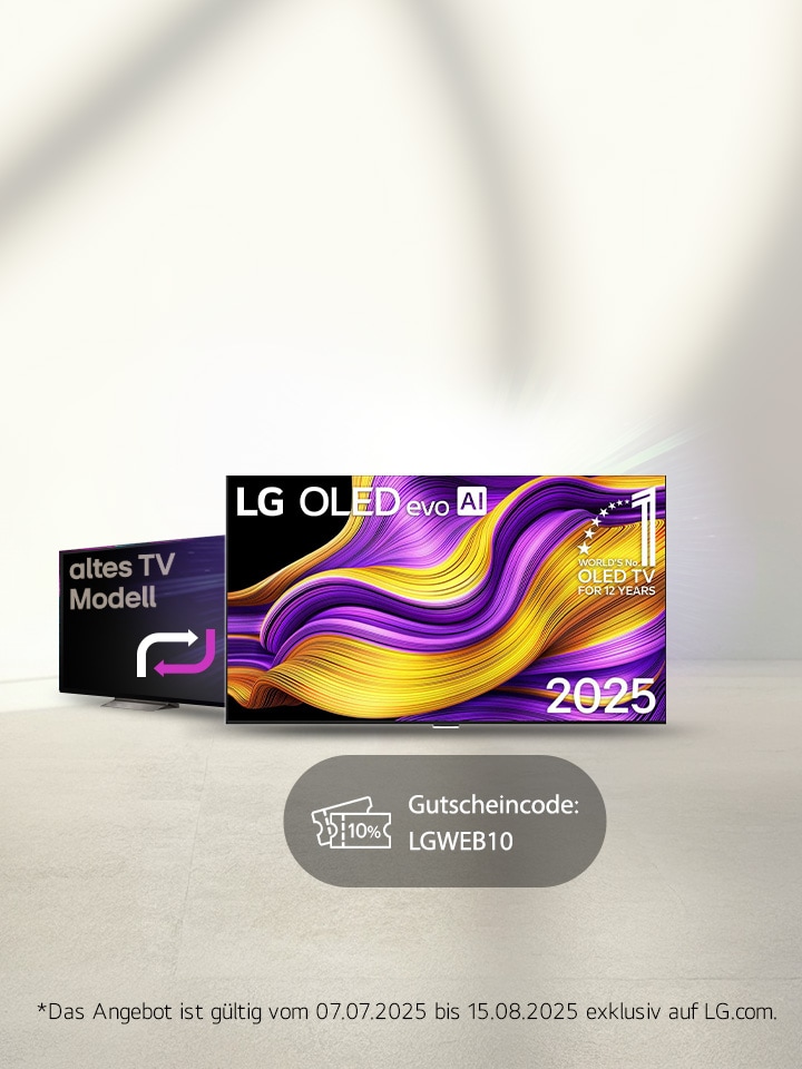 Image showing LG TV trade-in promotion: upgrade from an old TV to a larger 2025 OLED model with up to 60% discount including a 20% coupon.